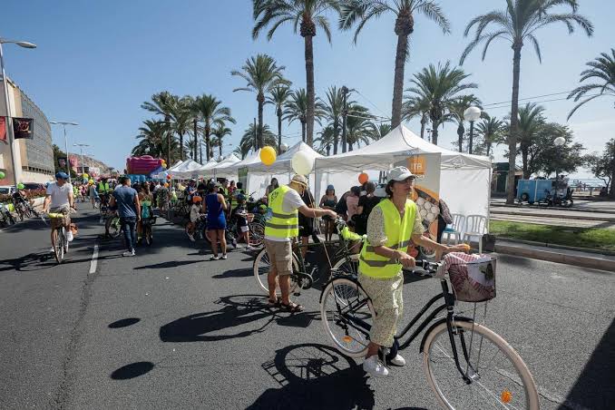 Paseo ciclista entre palmeras y puestos de actividades